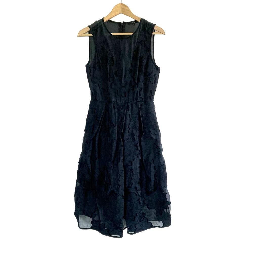 TIBI black sheer gauzy floral silk cotton sleeveless midi lbd dress